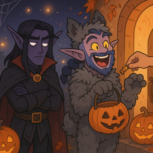 A cartoonish and humorous illustration of Einariel a male night elf hunter with dark purple skin glo.png