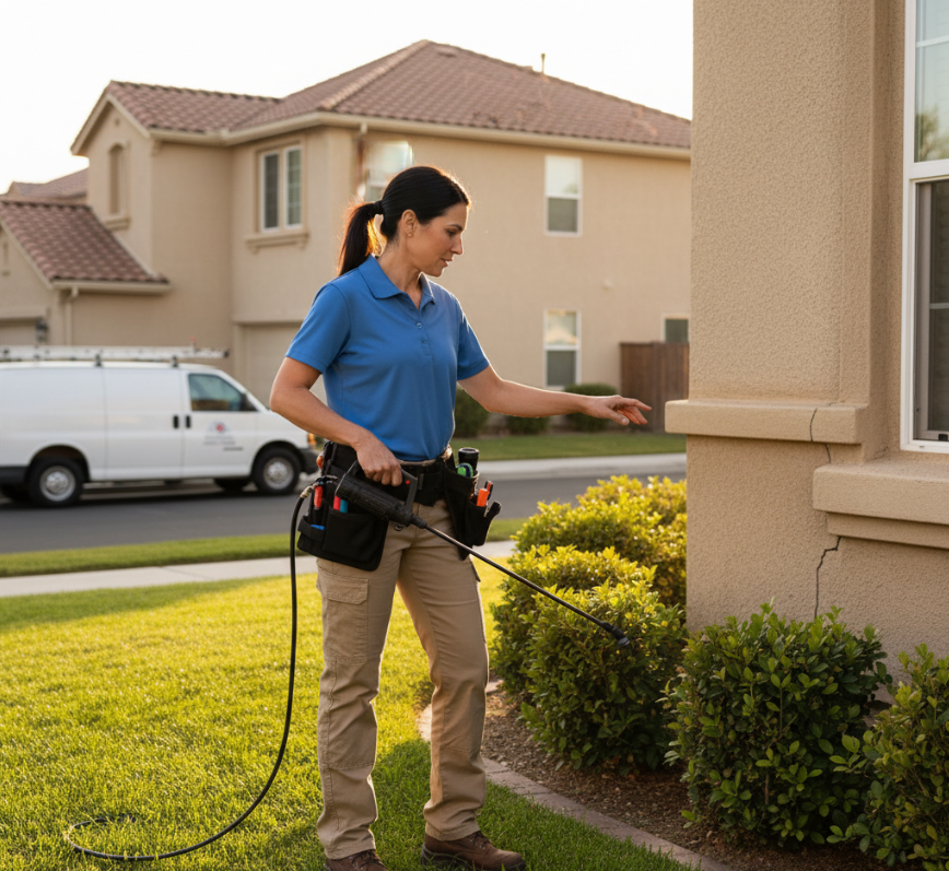 Professional pest control technician treating home in Huntsville