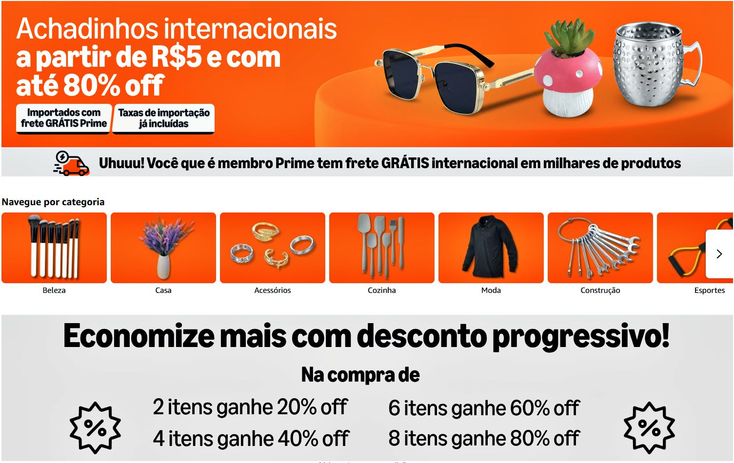 Desconto progressivo Amazon internacional, até 80% OFF comprando 8 itens ou mais