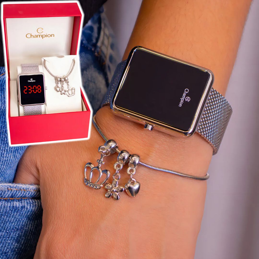 Relógio Feminino Champion Digital Prata Ch40083t Kit Joias Correia Prateado Bisel Prateado Fundo Preto