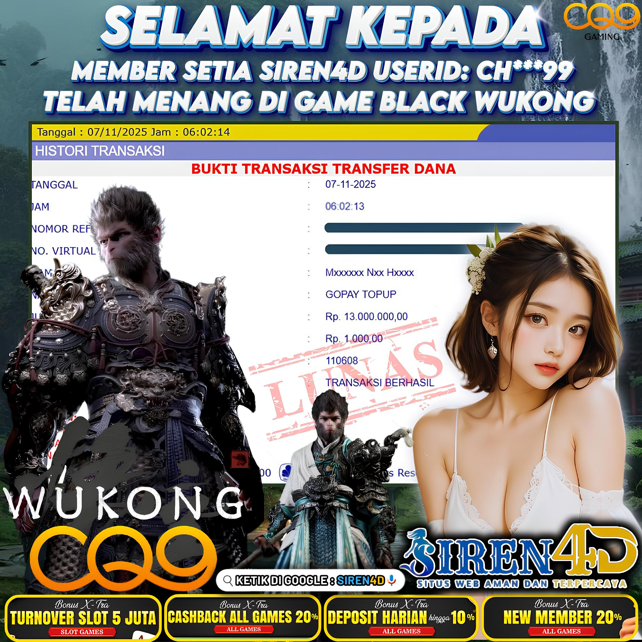 SIREN4D  - JACKPOT DI GAME BLACK WUKONG RP 13JT DIBAYAR LUNAS