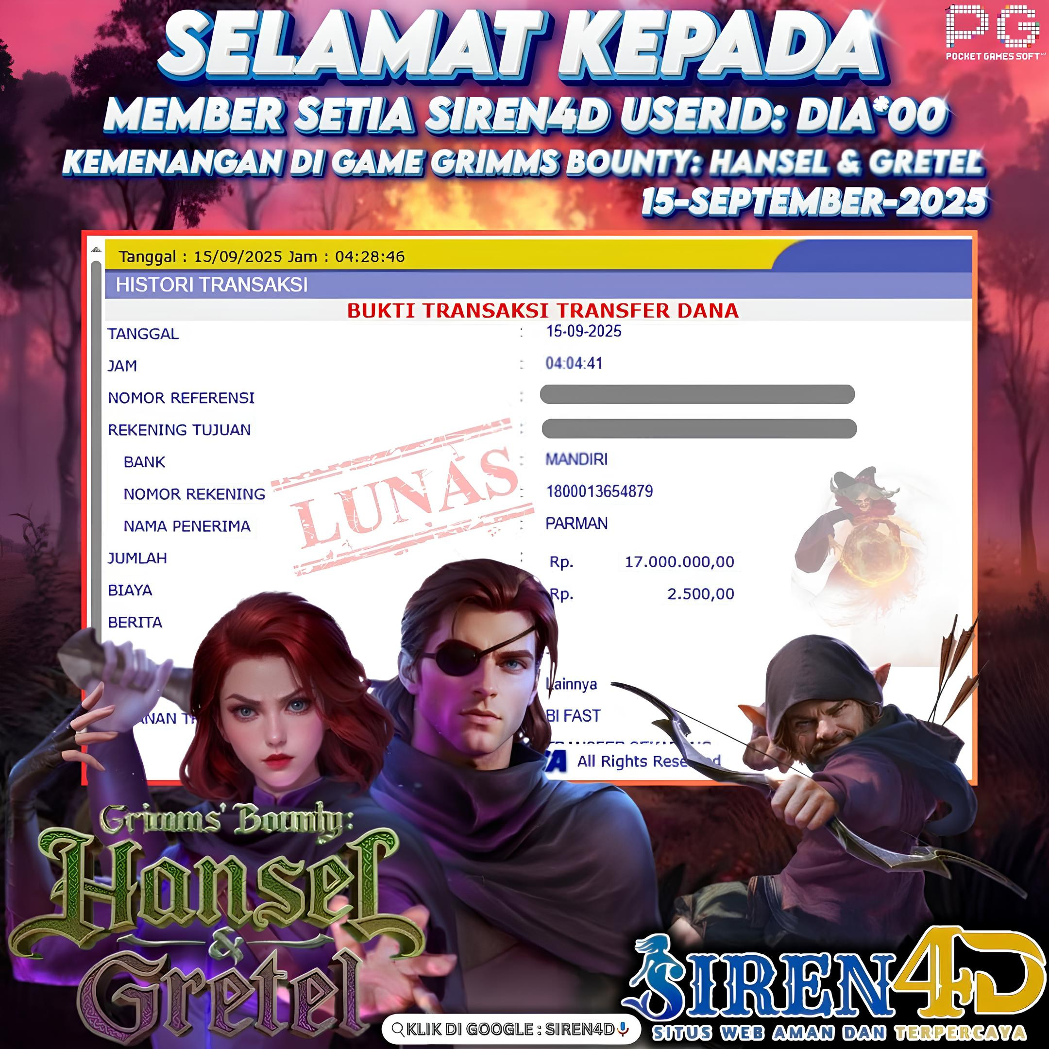 SIREN4D  - JACKPOT DI GAME GRIMMS BOUNTY: HANSEL & GRETEL RP 17JT DIBAYAR LUNAS