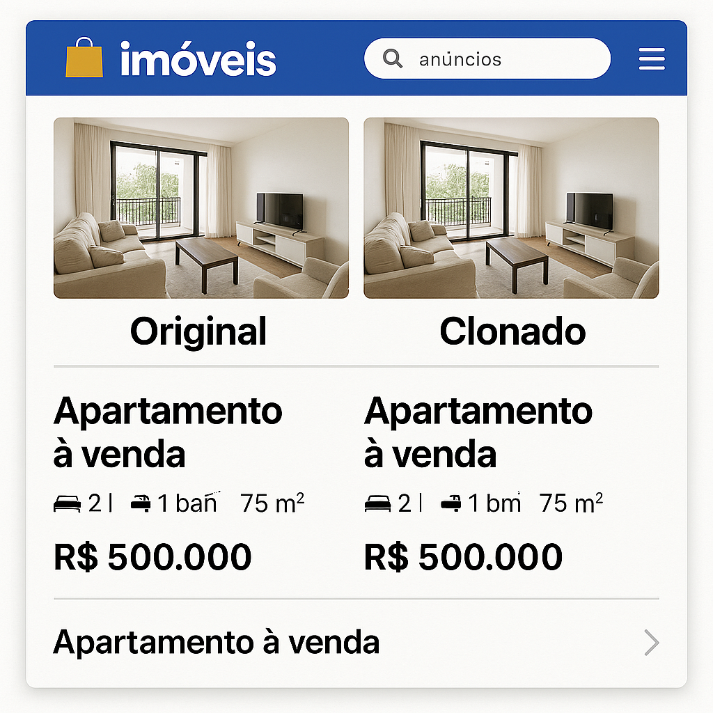 Exemplo do golpe do anúncio clonado, mostrando dois anúncios idênticos de um imóvel com contatos diferentes, um legítimo e outro falso para aplicar fraudes.