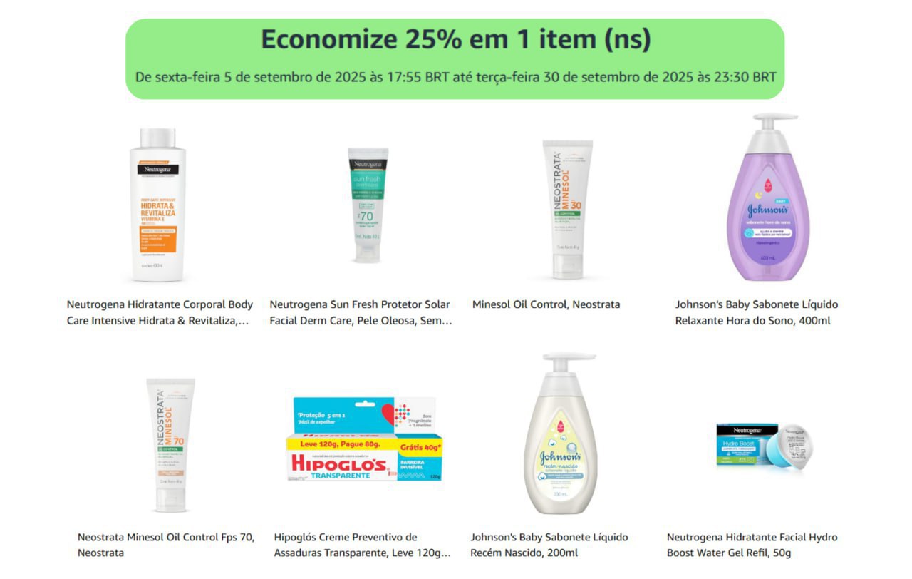 Cupom 25% OFF em itens Neutrogena, Hipoglós, Johnson’s Baby