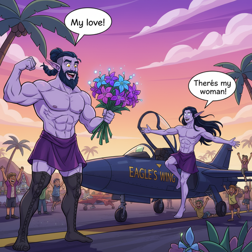 Output a hilarious image of Malikor a very muscular and masculine night elf monk with light purple s.png