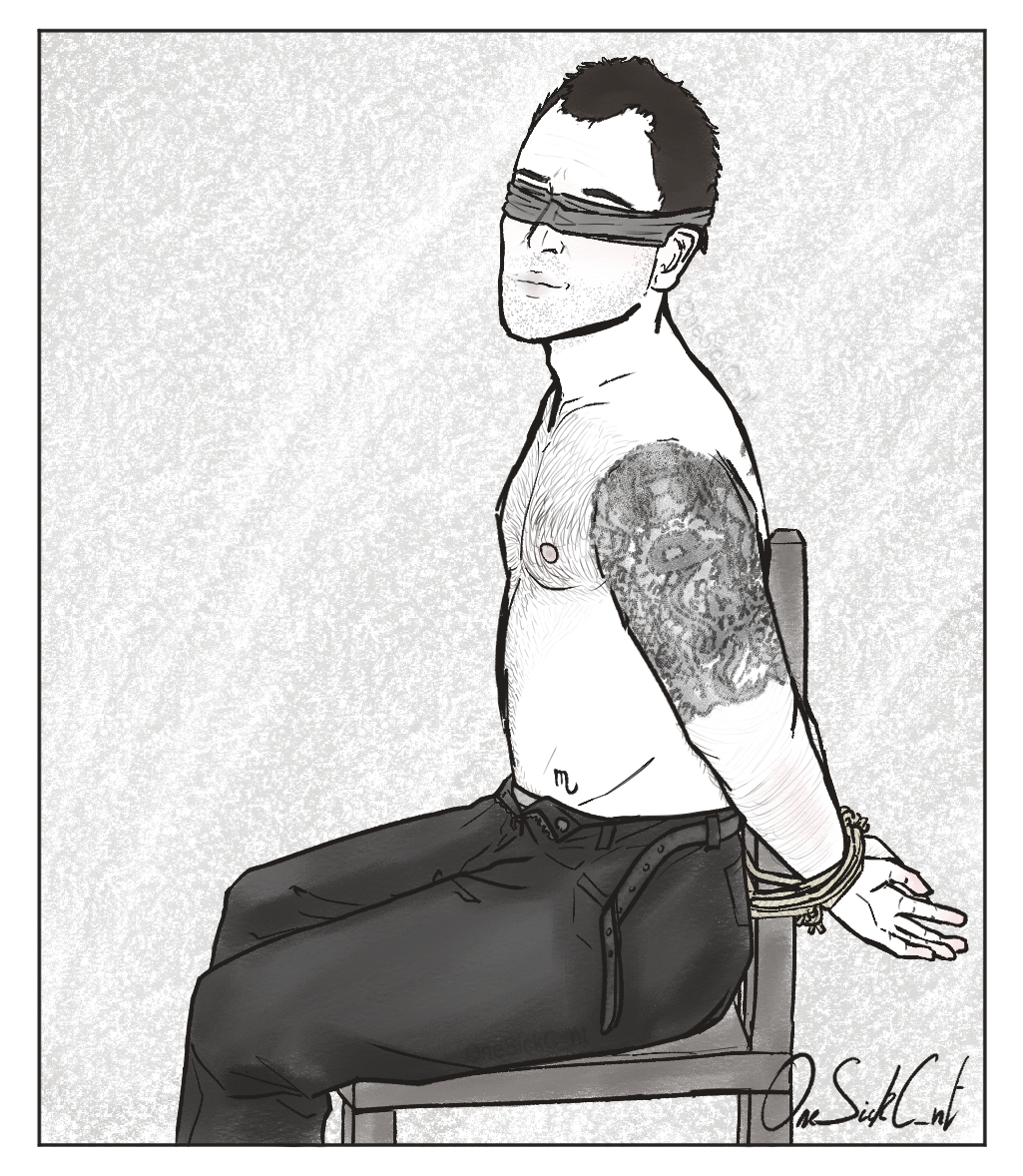 Art I drew of Sherlock Holmes sat shirtless in a chair with a blindfold on, his trousers unbuttoned and his arms bound behind his back/the chair with rope.'