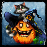 halloween pumpkin with kitty on hat