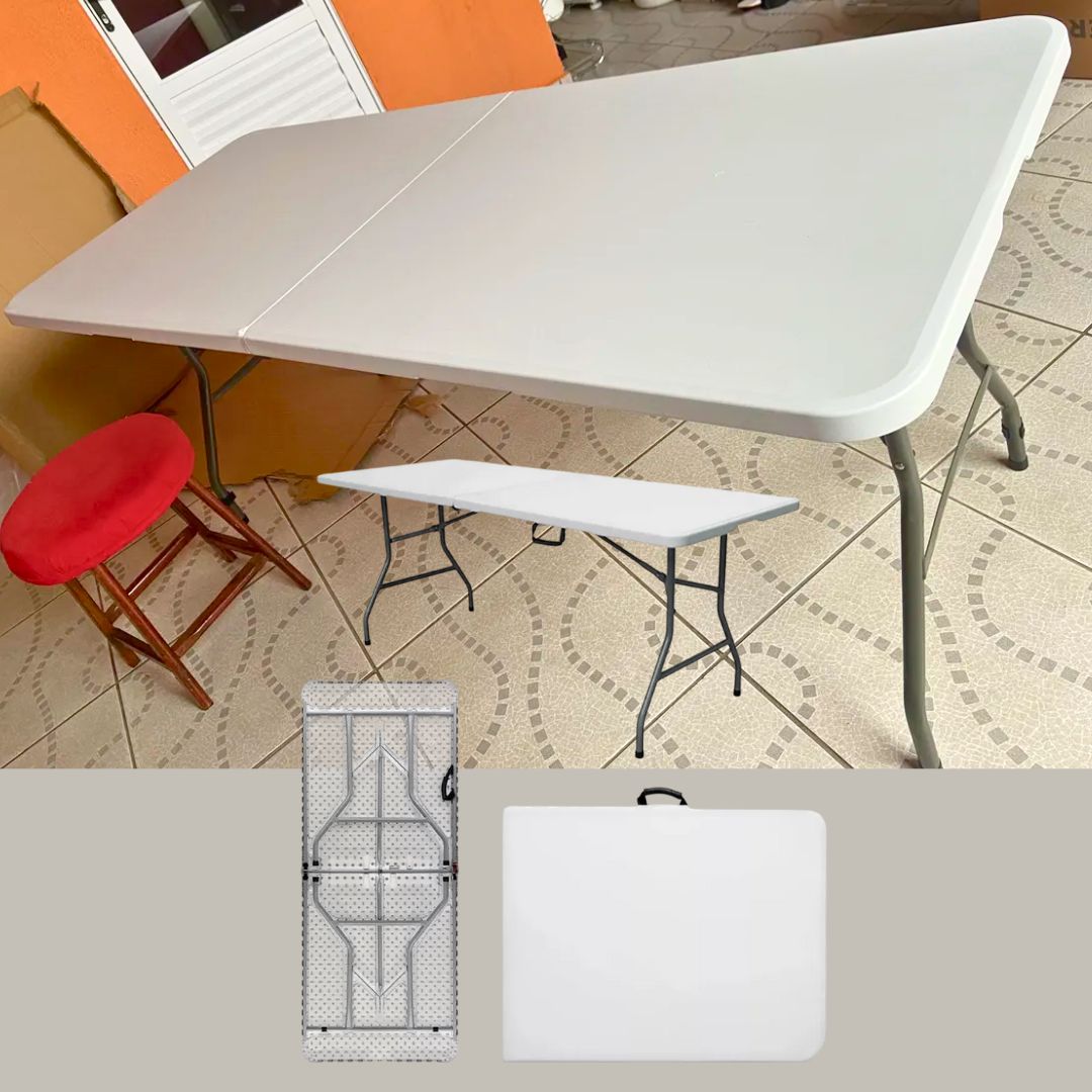 Mesa Dobrável Vira Maleta De 1,80 Portatil Camping Praia Branco