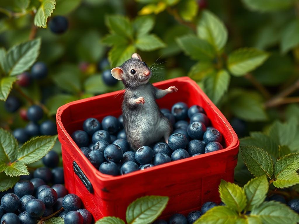 A red box of blue berries with a rat dancing inside