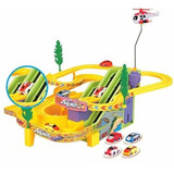 Track Racer Racing Car Set with 4 Miniature Cars Rotating Helicopter Toy for 3 5 Year