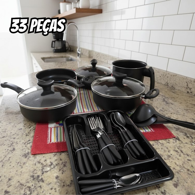 Jogo Panelas Antiaderente Dona Chefa Elegan Talheres 33 Peças Tampa Vidro Cor Preto