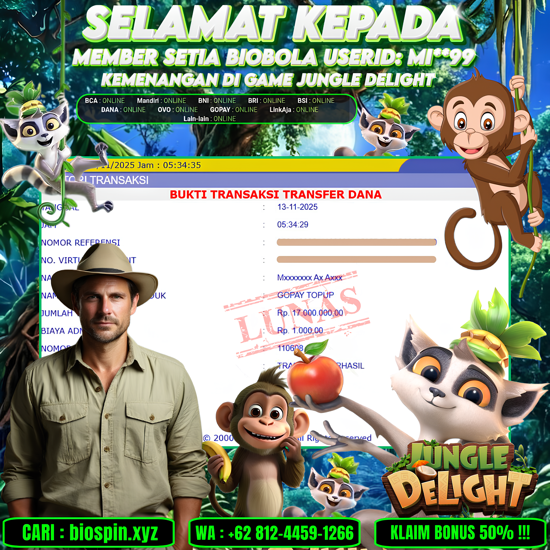PG GAME JUNGLE DELIGHT 17 JT DI BAYAR LUNAS !!!