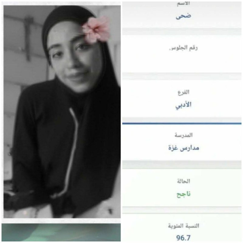 الطالبة ضحى نظمي أبو دلال من مخيم النصيرات، تنال معدل 96.7% في الثانوية العامة.. لكنها استشهدت مع 18 من أفراد عائلتها في مجزرة ارتكبها الاحتلال بعد خر...