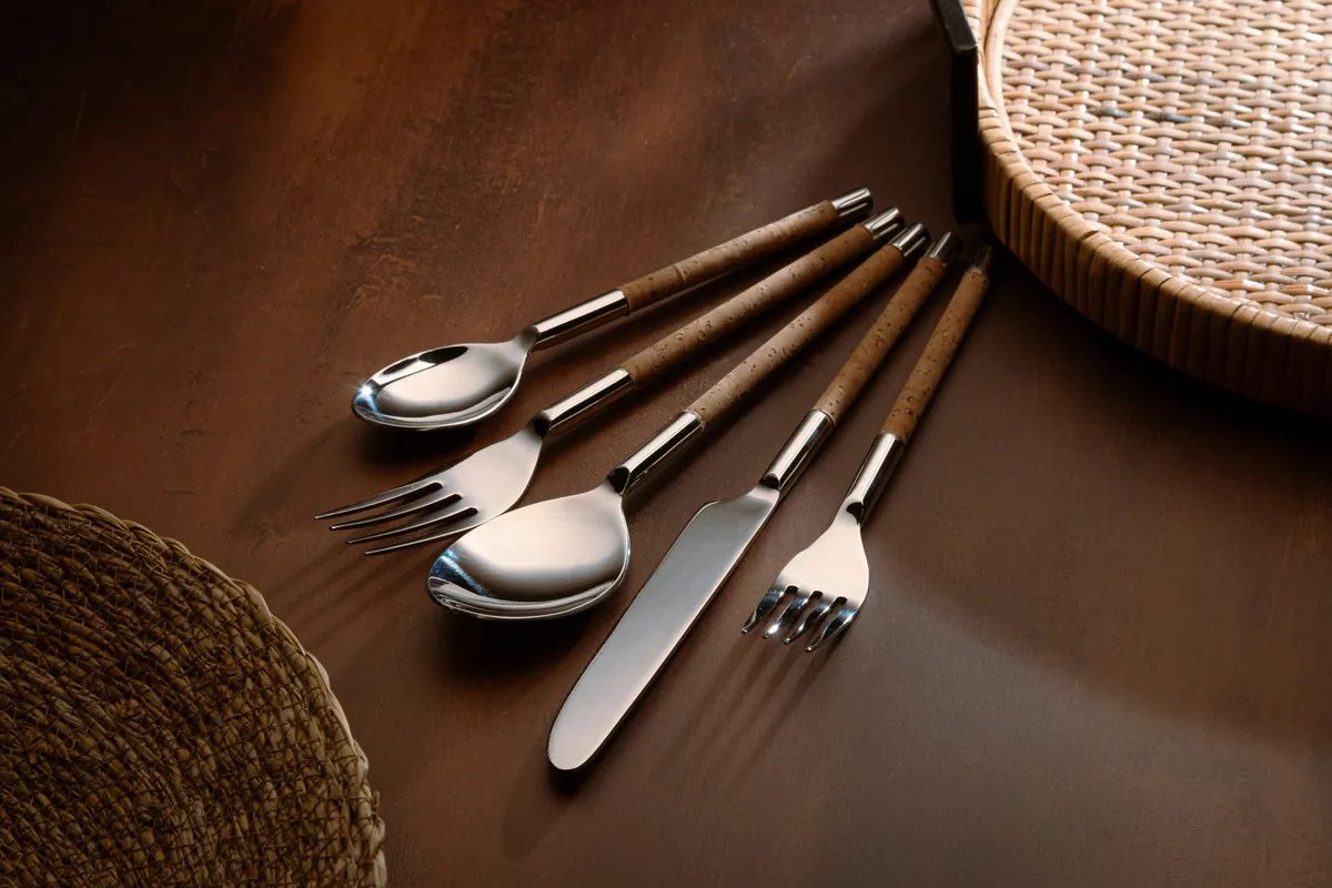 Conjunto 5 Talheres De Aço Inox Com Cabo De Cortiça Wolff Prateado/Marrom
