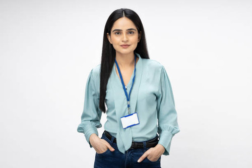 Portrait of young businesswoman with straight hairstyle wear trendy smart casual outfit isolated on .jpg
