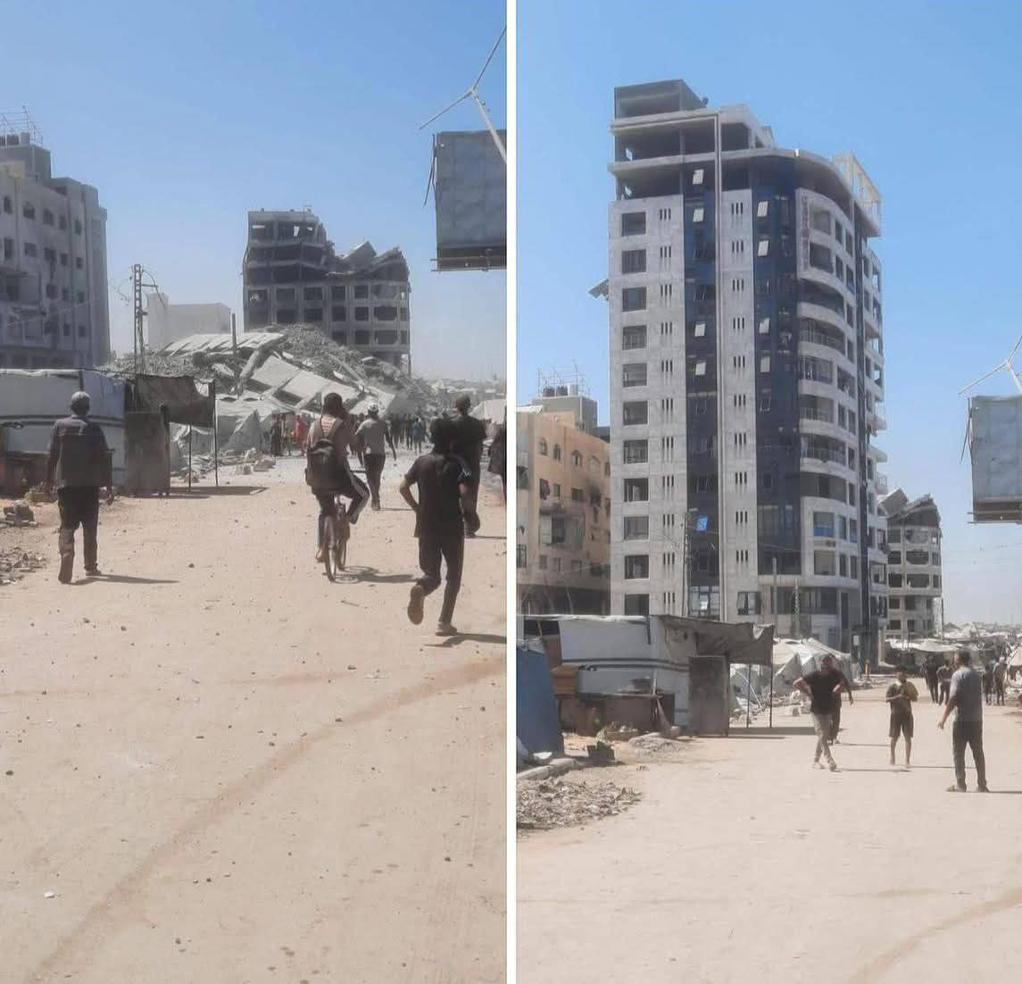 تحول البرج السكني إلى كومة ركام.. برج طيبة مقابل ميناء غزة بعد أن قصفه الاحتلال ودمره بشكل كامل قبل قليل....