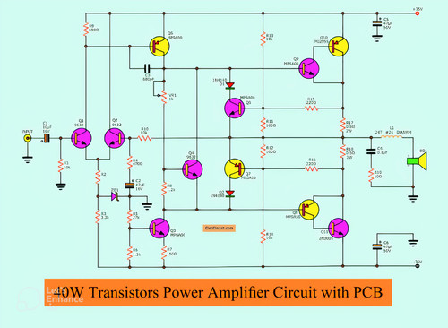 40 W transistor audio amplifier circuit with PCB Eleccircuit auto x2.jpg