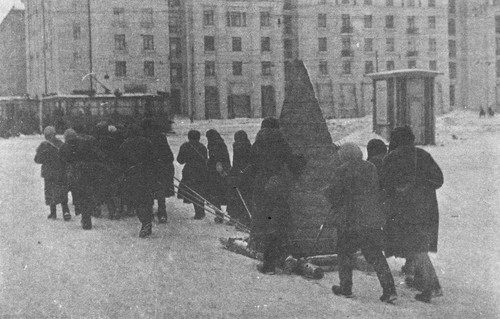 041 Женщины занимаются перевозкой надолб на Московском шоссе в блокадном Ленинграде. Ноябрь 1941 г..jpg