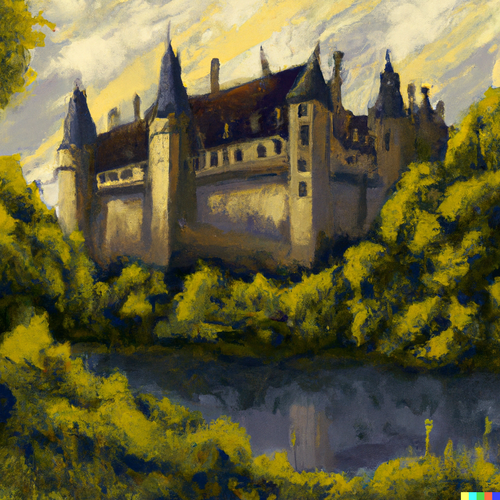 DALL·E 2022 07 28 17.10.48 a medieval castle surrounded by a dense forest in the style of Vermeer.png
