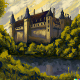 DALL·E 2022 07 28 17.10.48 a medieval castle surrounded by a dense forest in the style of Vermeer