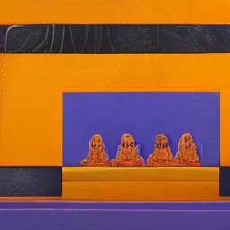 an oilpainting in orange purple yellow of heavenly deities beatific faces afterlife walkways serenit.png