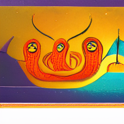 an oilpainting in orange purple yellow of heavenly deities beatific faces afterlife hills serenity t.png