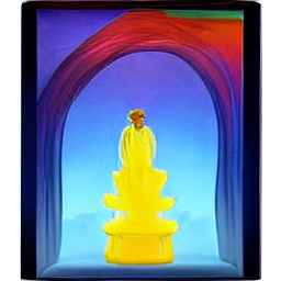 an oilpainting in orange purple yellow of heavenly deities beatific faces afterlife walkways serenit.png