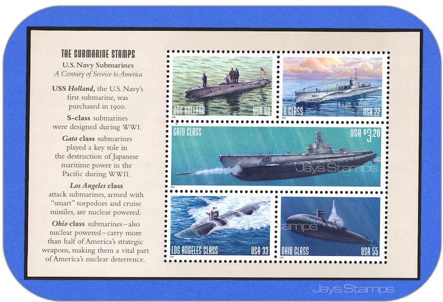2000  U.S. NAVY SUBMARINES  Selvage # 2 The Submarine Stamps Booklet Pane of 5 