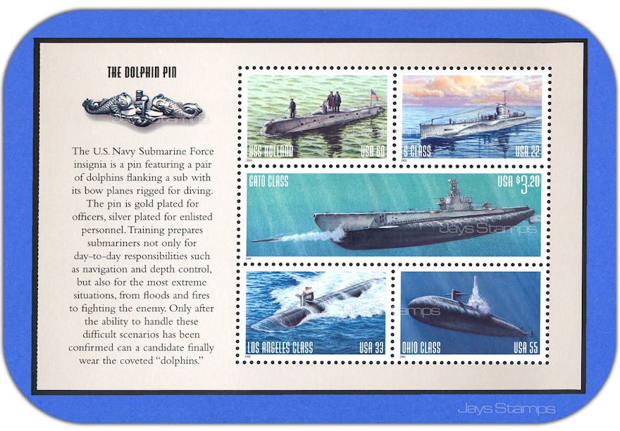2000  U.S. NAVY SUBMARINES  Selvage 1 The Dolphin Pin  Booklet Pane of 5 # 3377a
