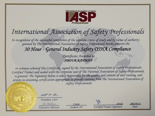 Abdur Rahman OSHA 30 hours certificate