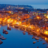 Marina Corricella on Procida Island at dusk, Bay of Naples, Campania, Italy 1080p