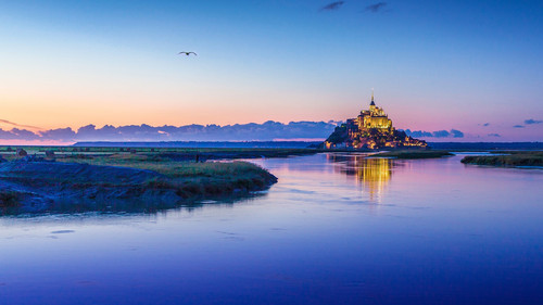 Mont Saint Michel island in twilight at dusk, Normandy, France 1080p