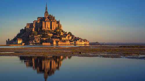 Mont Saint Michel bay at high tide, Manche, Normandy, France 1080p.jpg