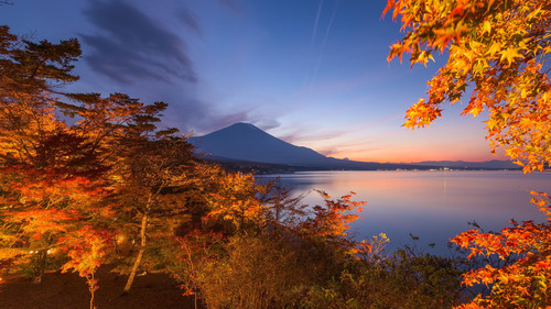 Mount Fuji view during autumn from the shore of Lake Yamanaka, Japan 1080p.jpg
