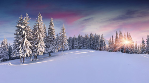 Panorama of the winter sunrise in mountains 1080p
