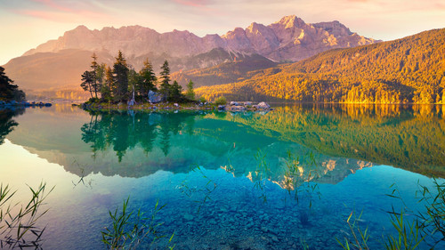 Summer sunrise on the Eibsee lake in German Alps, Germany 1080p