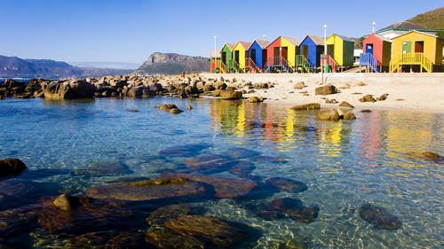 St James Beach and tidal pool with colourful huts, Cape Town, South Africa1080p