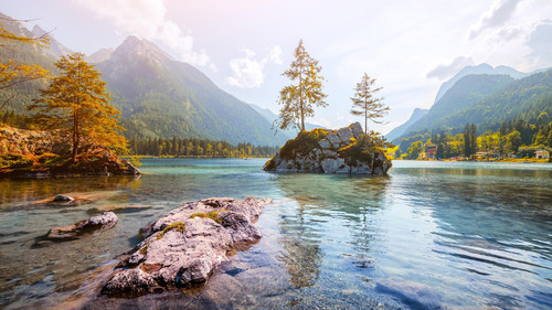 Sunny summer day on the Hintersee lake, Ramsau, Bavaria, Germany 1080p