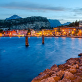 Town of Torbole at early morning, Lake Garda (Lago di Garda) at twilight, Trentino, Italy 1080p