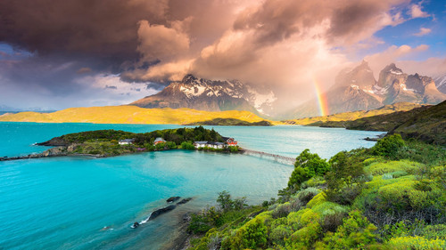 View over lake Pehoe and the Torres del Paine, Patagonia, Chile 1080p