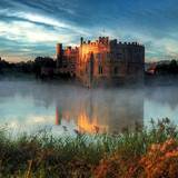 View of Leeds Castle near Maidstone at sunrise, Kent, England, UK 1080p