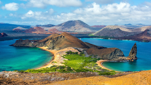 Two beaches and mountain on Bartolomé Island in the Galápagos Islands, Ecuador 1080p.jpg