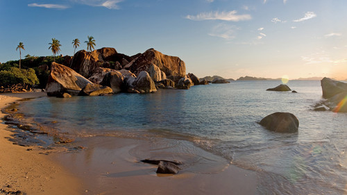 Tropical sunset island beach, Virgin Gorda, Caribbean, British Virgin Islands 1080p