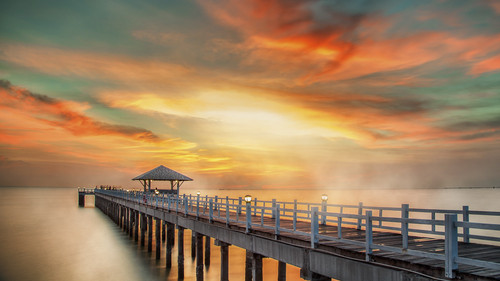 Wooden pier between sunset in Phuket, Thailand 1080p