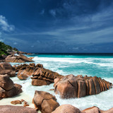Waves and granite rocks on a paradise beach, La Digue, Seychelles Islands 1080p