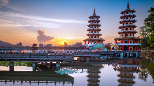 Dragon and Tiger Pagodas at Lianchihtan (Lotus Pond) during sunrise, Kaohsiung, Taiwan 1080p