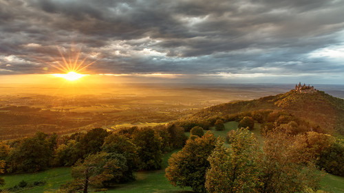 Dramatic sunset in late summer, Hohenzollern Castle, Baden Württemberg, German 1080p