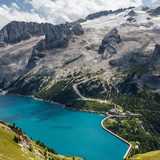 Fedaia Pass with lake at the foot of Marmolada, Dolomites, Italy 1080p