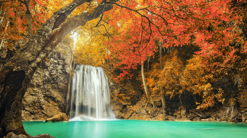 Erawan Waterfall in Kanchanaburi at autumn, Thailand 1080p