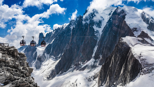 Elevated view of cable cars over snow covered valley at Mont blanc, France 1080p